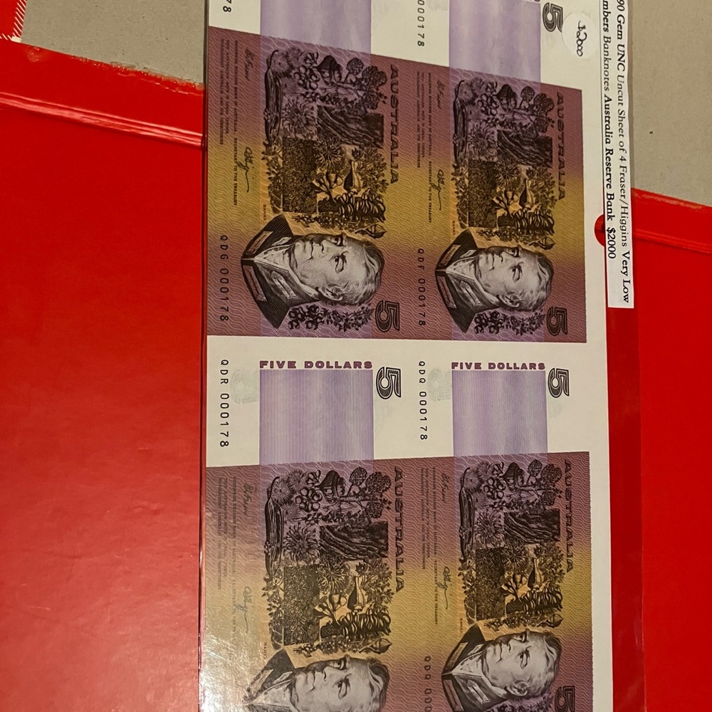 Australian $5 Dollar Gem Uncut Sheet of 4 
Unique with Low Numbers